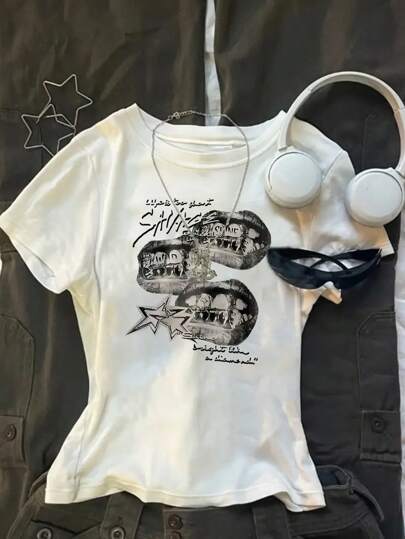 Teen Girl Graphic And Letter Print Round Neck Short Sleeve T-Shirt Women S Graphic Baby Tees