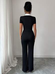 Elenzga Women's Collared Short Sleeve Flared Leg 2 Pieces Set - Black - View 2