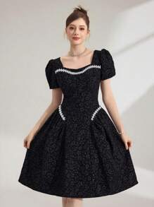 Poshira Damen elegantes jacquard Kurzes Kleid mit Strass Dekor, Sommer - Schwarz - Übersicht 1