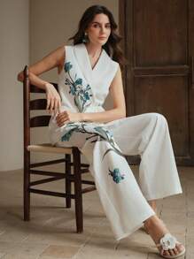 Anewsta Elegant Collar Ribbon Waist Fitted Sleeveless Women Jacket - White - View 7