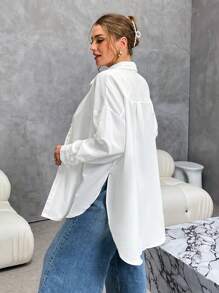 SHEIN Essnce Camisa básica de manga larga con botones, blusa suelta y casual para mujer de talla grande, estilo "old money", para trabajo, otoño, con abertura lateral alta, camisa blanca básica de manga larga, para homecoming, atuendos de aeropuerto