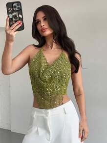 Firerie 女士休闲性感亮片时尚沙滩度假露背垂褶领钩编纹理绿色吊带背心，适合音乐节、派对和度假。 - 綠色 - 查看 9