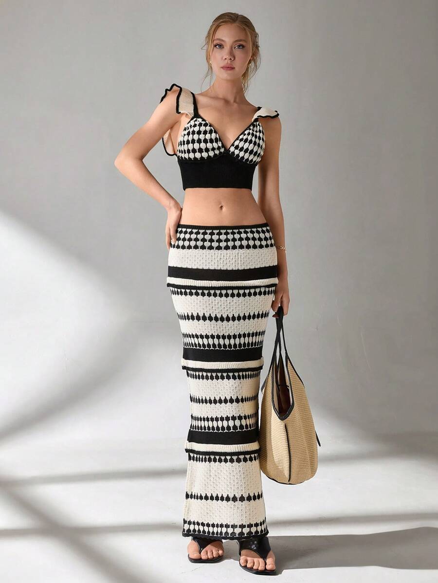 SHEIN Cottnline Women Top And Skirt Openwork Sweater Cover Up Set - Black and White - View 1