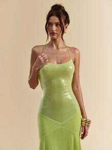 SHEIN BAE 夏季海滨度假女士露背绿色亮片网眼优雅鱼尾长裙 - 綠色 - 查看 7