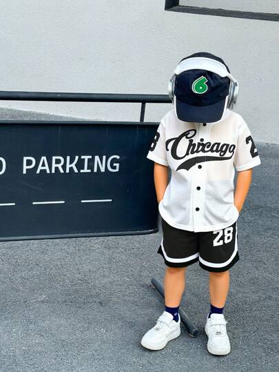 SHEIN 2-Pack Young Boys Boys Casual Sports College Street Cute Vacation Cardigan With Letter Pattern Baseball Jacket Style Shirt And Shorts Set Suitable For Kids Outfits Toddler Boy Clothes Back To School Boys Set Suitable For Birthday Parties, Evening Parties, Performances, Weddings, Baptisms, Opening Ceremonies Daily Suitable For Daily Use Suitable For School Suitable For Travel Suitable For Sports Suitable For Spring And Summer Seasons