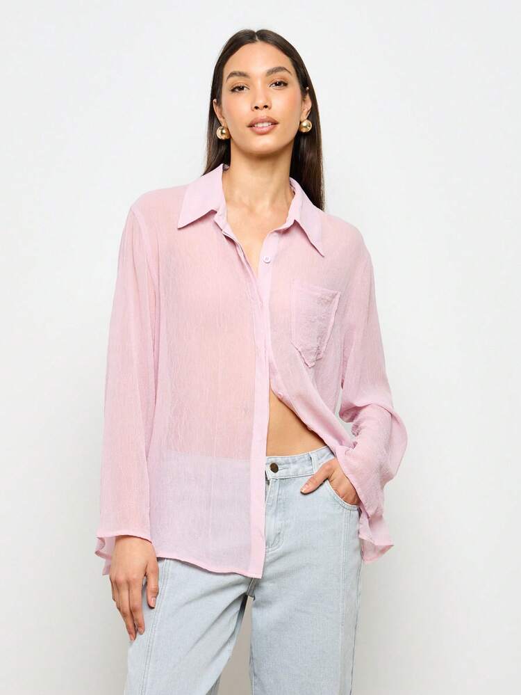 AiiRZ Blusa de gasa con botones y manga larga, ligera y versátil, para uso casual, de oficina y profesional, de tela transparente color rosa, para primavera, verano y otoño