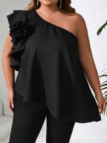 SHEIN CURVE+ 大码女装春夏时尚优雅舒适立体花朵不对称下摆黑色上衣外出上衣