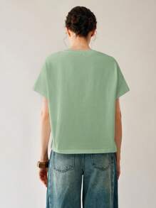 Uhlyne 女士假日沙滩休闲通勤场合穿着纯棉圆领薄荷绿收腰插肩袖T恤上衣商务休闲、工作服、办公室、教师女装 - 綠色 - 查看 2