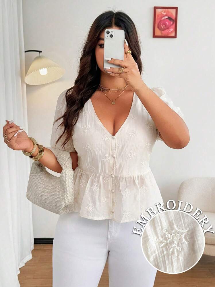 SHEIN Clasi 夏季天丝短袖刺绣衬衫，温柔法式INS女装上衣 - 粉色 - 查看 1