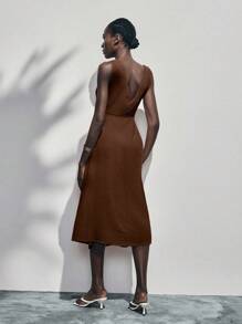 Lumivelle Summer Metal Ring Decor Waist Ruched Sleeveless Dress - Coffee Brown - View 2