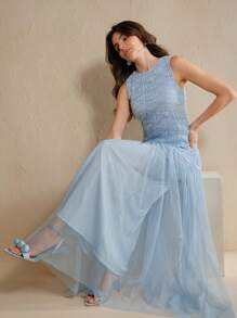 Anewsta Elegant Romantic Fitted Dress With Fabric Patchwork, Suitable For Date, Party, Wedding Guest, Spring, Summer - Blue - View 6