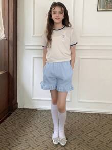 DAZY Tween Girl Solid Color Ruffle Hem Pocketed Fashion Shorts,Girls Summer Outfits,Back To School Clothes - Blue - View 3