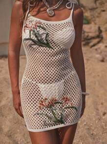 Swim Vcay Váy dệt kim thêu đính quai vai màu mơ phong cách nghỉ mát cho nữ - Màu be - Xem 1