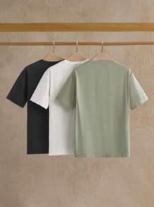 Manfinity NXTstreet 3pcs Pack Men's Solid Color Knitted Short Sleeve Casual T-Shirt - Green - View 2