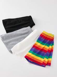 Set de 4 pantalones cortos holgados de punto con estampado de rayas arcoíris de estilo universitario casual para vacaciones, surtido de 4 colores, adecuados para primavera y verano - Multicolor - Ver 5