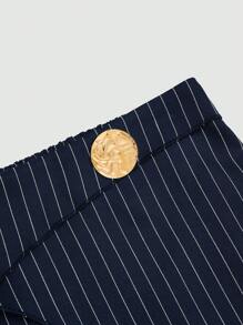 Rometta Plus Size Women Striped Elastic Waist Loose Straight Leg Trousers With Metal Buckle Decoration, Casual And Versatile Design Suitable For Daily, Work And Multiple Occasions Fall Cloth For Women