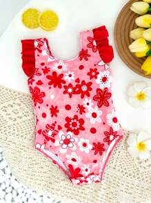 SHEIN Traje de baño una pieza con flores digitales estampadas en poliéster para niñas bebés con broche en la entrepierna - Multicolor - Ver 2