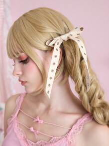 ROMWE Grunge Punk 1 件朋克风格白色大蝴蝶结长丝带发夹，Y2K 前卫圆形空心铆钉鸭夹，小众设计发夹配件爪夹发夹发夹