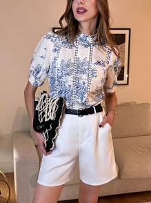 Pariaura Áo sơ mi nữ phong cách Bohemian mùa hè, họa tiết hoa ren xanh nhạt, tay lửng, thường ngày, phong cách tươi mới - Nhiều màu - Xem 1