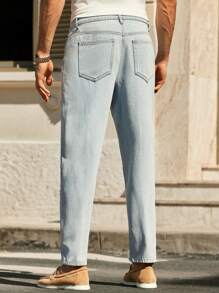 Manfinity VCAY Men's Casual Ripped Tapered Leg Jeans, Fashionable Men Light Blue Ripped Jeans Ripped Jeans Men Light Wash Ripped Jeans Men Men Distressed Jeans Cool Men Jeans - Blue - View 3