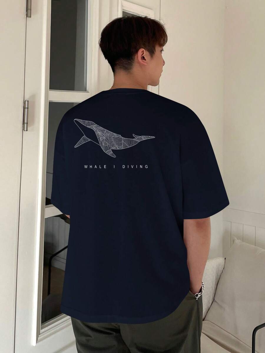 DAZY Men's Summer Letter & Line Drawing Whale Print Short Sleeve T-Shirt - Navy Blue - View 1