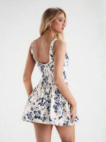 Glamine Apricot Floral Retro Preppy Elegant Sleeveless Woven Button Lace Hem A-Line Mini Dress Princess Dress, Blue Floral Print, Suitable For Spring/Summer - Navy Blue - View 2