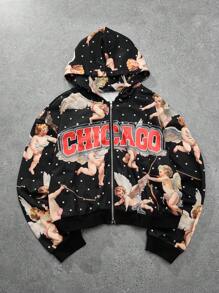 PAVTROS Manfinity Streetrush 1pc Men's Hooded Sweatshirt, Double-Layer Zip-Up Short Boxed Hoodie, Funny Cartoon Angel Print, Patch Embroidery Design, Casual Sportswear Suitable For Daily Wear, Travel, School, Boyfriend/Husband Gift, Couple Matching Zip Up Hoodie Y2k Graphic Zip Up Y2k Men Shirt Graphic Jacket Zip Up - Multicolor - View 2