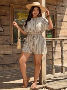 SHEIN LUNE Plus Size Vacation Casual Striped Batwing Shirt And Shorts 2 Pieces Set Summer Outfits For Women Vacation Outfits Woman Two Pieces Set Women Business Casual Woman Beach Vacation Outfits School Clothes Country  Outfits Women 