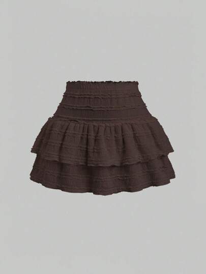 Sweetra 纯色荷叶边双层下摆半身裙，休闲度假风 Y2K 迷你短裙