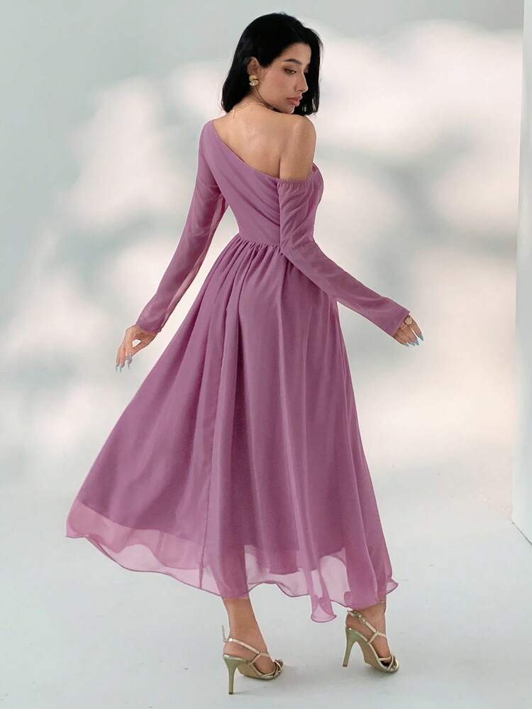 Elegant Summer Solid Color Asymmetrical Shoulder Mid-Length Dress For Women