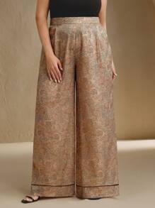 Anewsta New Women Contrast Color Drawstring Waist Cashew Flower Print Wide Leg Pants - Khaki - View 1