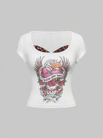 ROMWE Avant T-shirt graphique d'été pour femmes avec design imprimé vintage à 2 en 1 avec strass