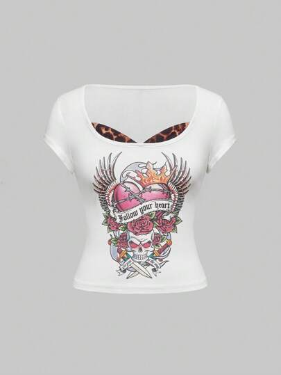 ROMWE Avant Camiseta gráfica de verano para mujer con diseño de estampado de strass vintage 2 en 1