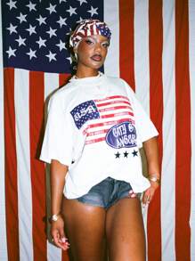 SUMWON WOMEN Los Angeles City Flag Inspired Oversized Graphic Tshirt American Theme USA 4th Of July Patriotic Summer Relaxed Fit Street Style Casual Wear - White - View 7