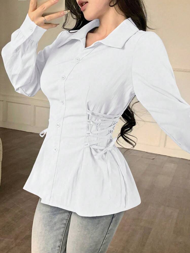 Modelyn Casual Solid Color Criss-Cross Tie Fashionable Blouse Fall Cloth For Women - White - View 4