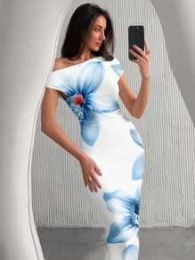 Modelyn Women Asymmetric Ruched Bodycon Dress,White And Blue Floral,Summer,Elegant,Vacation,Holiday,Hawaii Outfits,Beach Vacation Outfits,Party Dresses - Blue and White - View 4