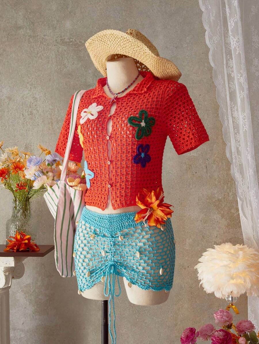 Swim Vcay Kimono Wanita Warna Polos dengan Motif Bunga Rajutan dan Lubang-lubang, Cocok untuk Liburan Musim Panas di Pantai - Jeruk - View 1