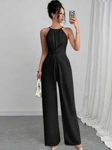 Firerie Women's Solid Color Waist Crisscross Wide Leg Jumpsuit - Black - View 4