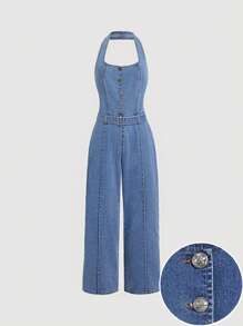 SHEIN MOD Bộ đồ liền thân denim không tay thắt nút phía trước màu trơn dành cho nữ - Màu xanh lam - Xem 1