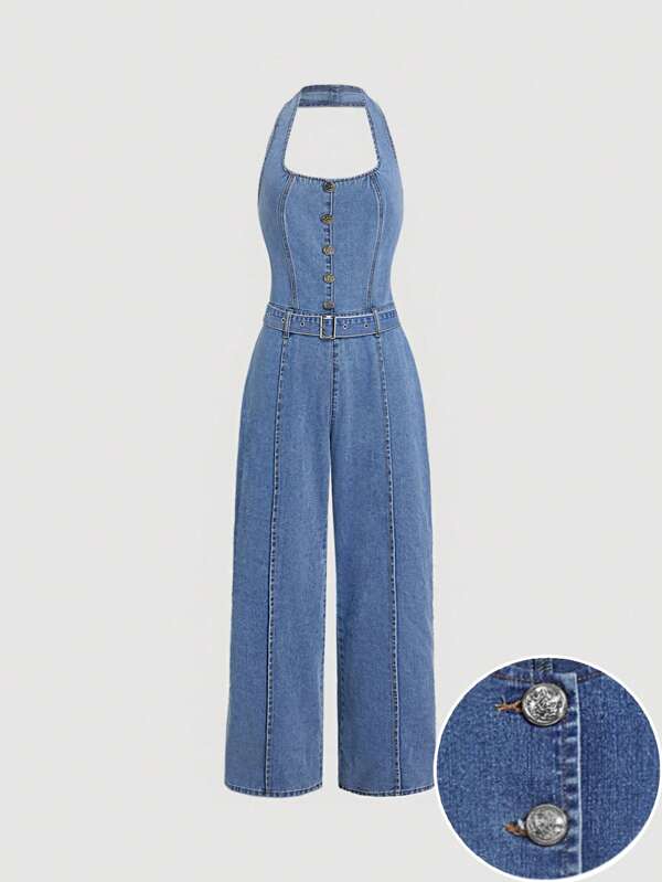 SHEIN MOD Salopetă de damă din denim, fără mâneci, cu talie și nasturi în față, culoare uni