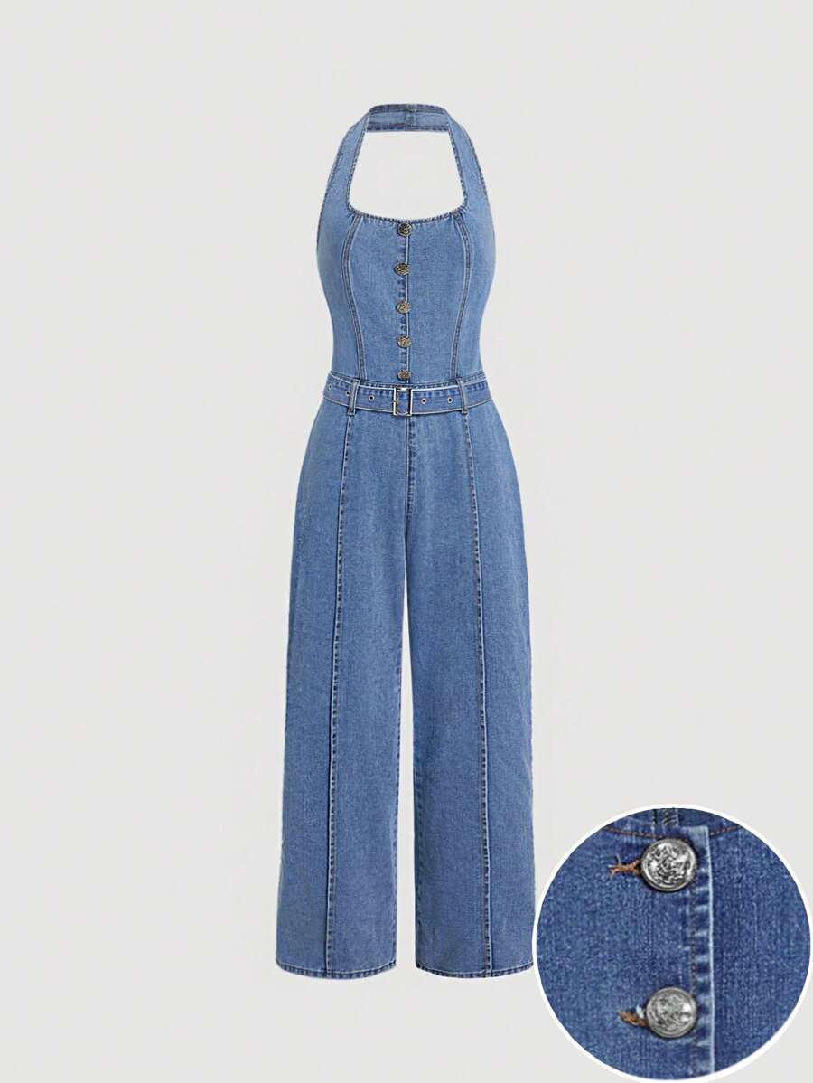 SHEIN MOD Bộ đồ liền thân denim không tay thắt nút phía trước màu trơn dành cho nữ - Màu xanh lam - Xem 1