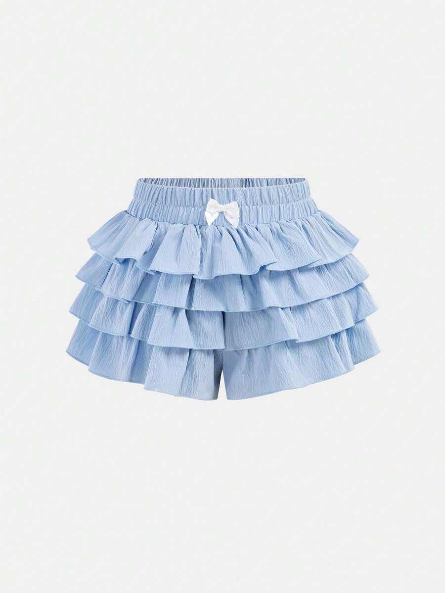 SHEIN Tween Girls' Casual Solid Color Ruffle Detail Skirt Shorts - Baby Blue - View 1