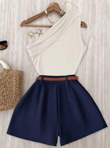 INAWLY Bộ 2 món áo crop top không tay và quần short trơn màu cho nữ, thường ngày mùa hè - Nhiều màu - Xem 2