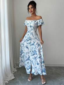 Elenzga Ladies Elegant Print Summer Collar Off The Shoulder Dress - Blue - View 4