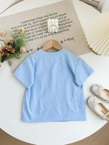 SHEIN LMoss Kids Áo thun cổ tròn rộng rãi thêu họa tiết cho bé gái - Màu xanh lam - Xem 2