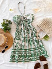 少女夏季时尚花卉印花休闲优雅度假连衣裙 - 綠色 - 查看 4