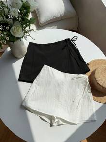 Comfortcana 多色女士侧系带拉链短裙，适合夏季 - 黑與白 - 查看 7