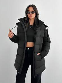 SHEIN Tall Tall Size Zip Up Drawstring Hooded Padded Coat, For Winter Streetwear - Black - View 1