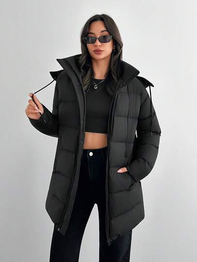 SHEIN Tall Tall Size Zip Up Drawstring Hooded Padded Coat, For Winter Streetwear