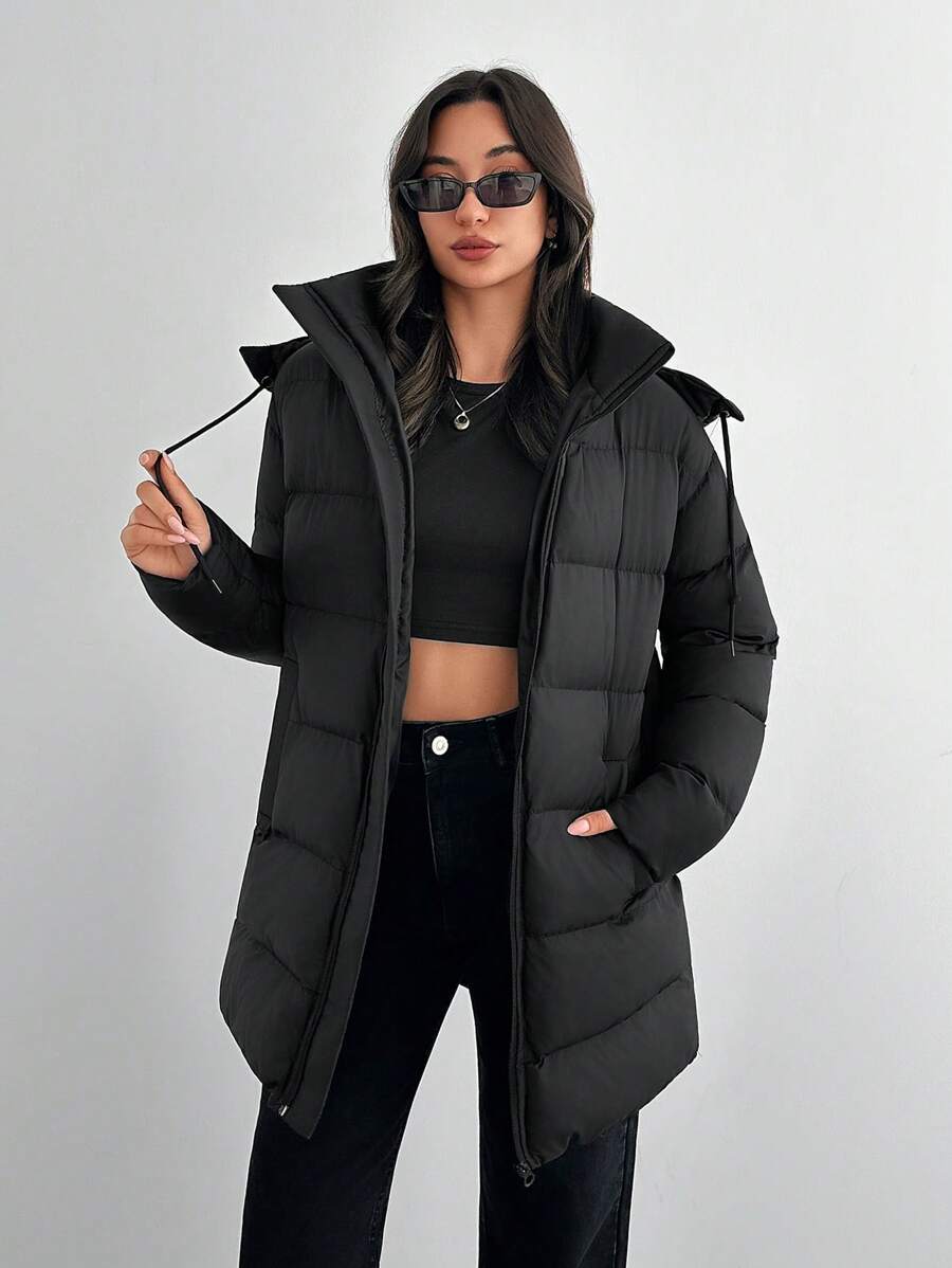 SHEIN Tall Tall Size Zip Up Drawstring Hooded Padded Coat, For Winter Streetwear - Black - View 1